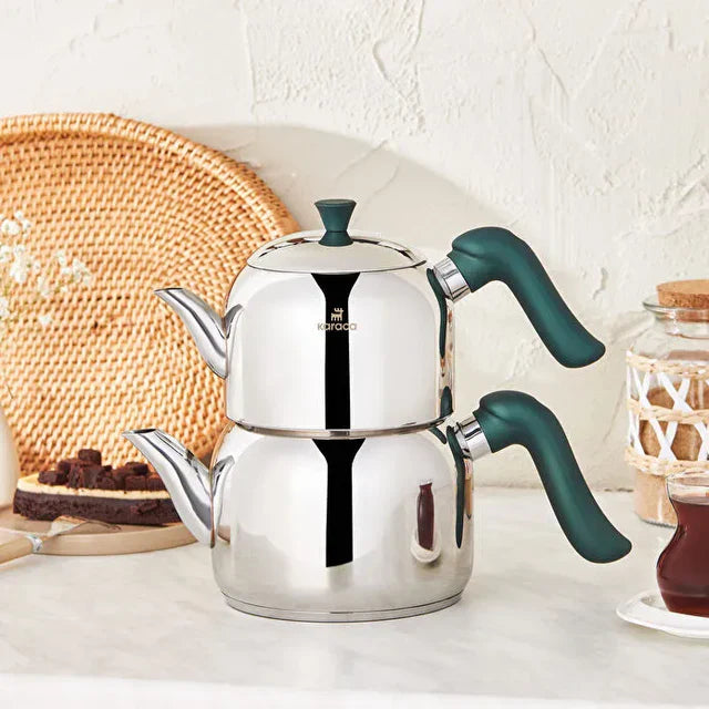 Karaca Edana Theepotset Medium - RVS - Inductie - 1.35L + 1.95L - Groen/Zilver - Dubbele Theeketel - theepot