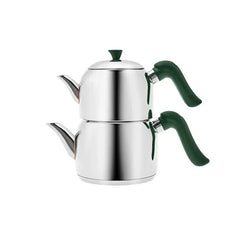 Karaca Edana Theepotset Medium - RVS - Inductie - 1.35L + 1.95L - Groen/Zilver - Dubbele Theeketel - theepot