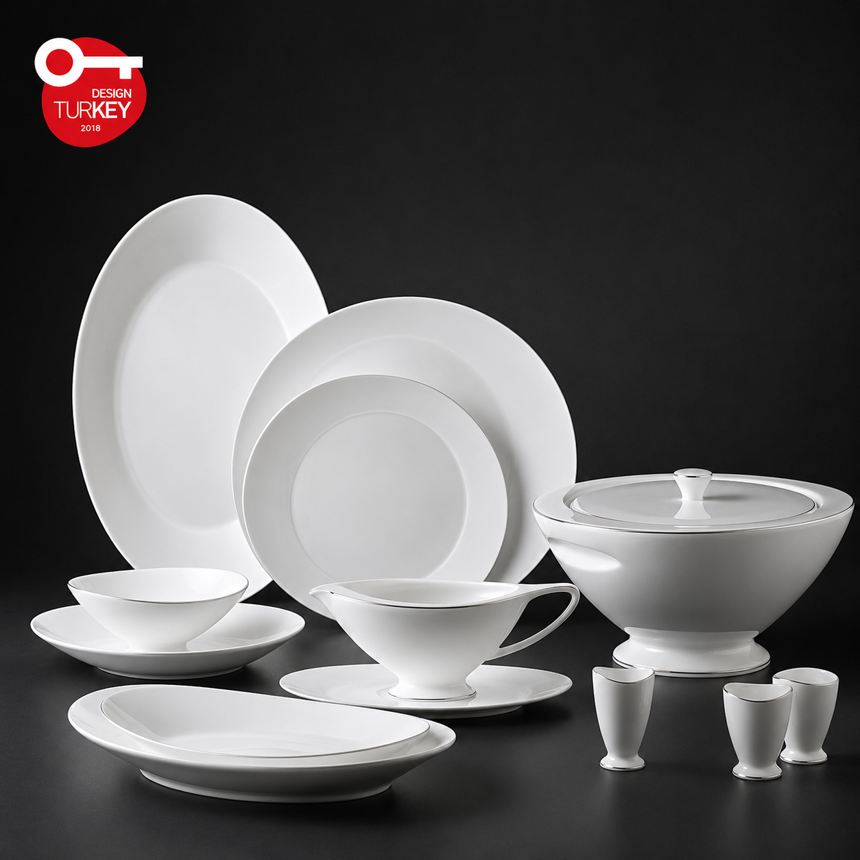 Jumbo Moon Platin - Serviesset 64-delig – 12 Personen – Wit/Zilver – Luxe New Bone Dinerservies met Schalen en Soepterrine