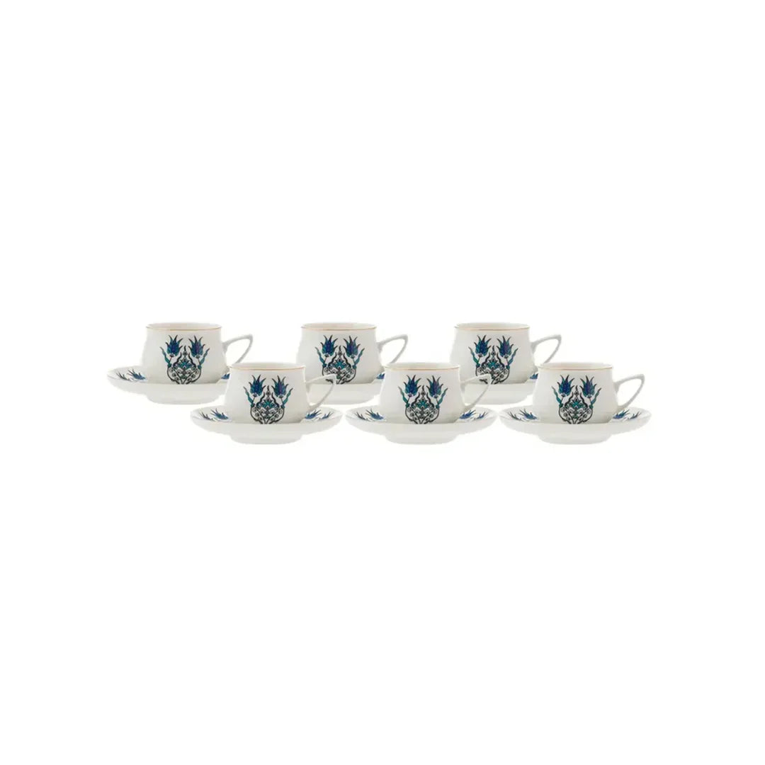 KARACA - Iznik - Koffieset - Koffieservies voor 6 personen. 90 ml. 6 espressokopjes en 6 schoteltjes. robuuste mok. traditionele Turkse koffiekopjes. cappuccino koffieset. porselein presentatie