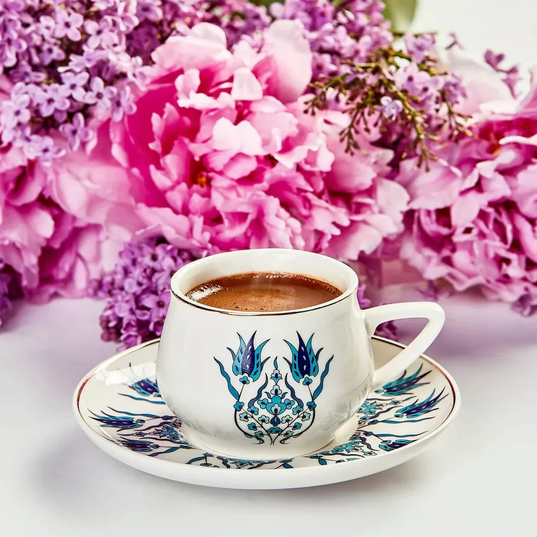 KARACA - Iznik - Koffieset - Koffieservies voor 6 personen. 90 ml. 6 espressokopjes en 6 schoteltjes. robuuste mok. traditionele Turkse koffiekopjes. cappuccino koffieset. porselein presentatie