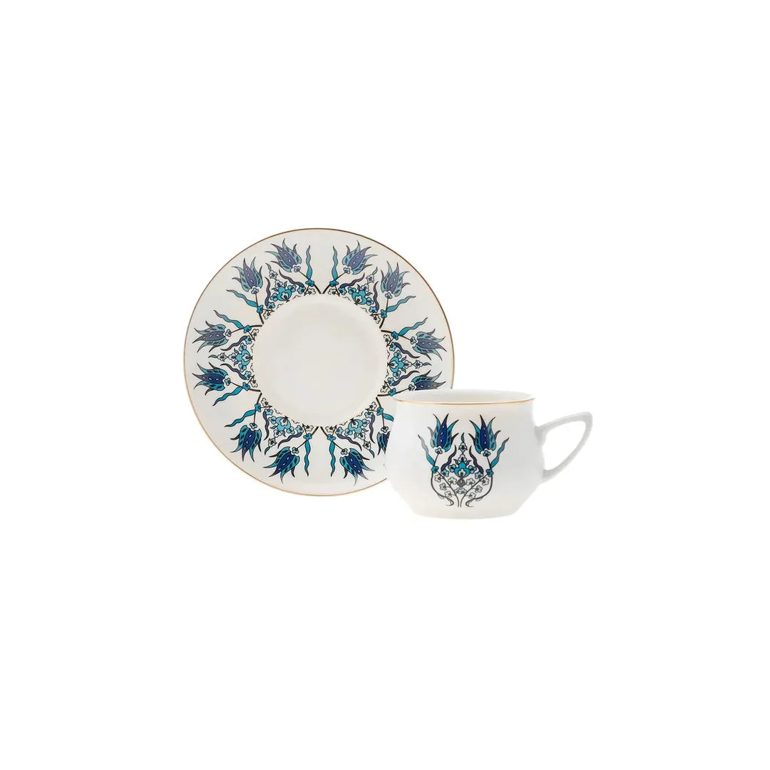 KARACA - Iznik - Koffieset - Koffieservies voor 6 personen. 90 ml. 6 espressokopjes en 6 schoteltjes. robuuste mok. traditionele Turkse koffiekopjes. cappuccino koffieset. porselein presentatie