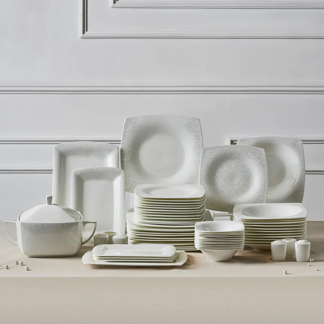Karaca Fine Pearl Helen - Serviesset 58-delig – 12 Personen – Vierkant – Parelmoer Dinerservies – Luxe Wit Servies