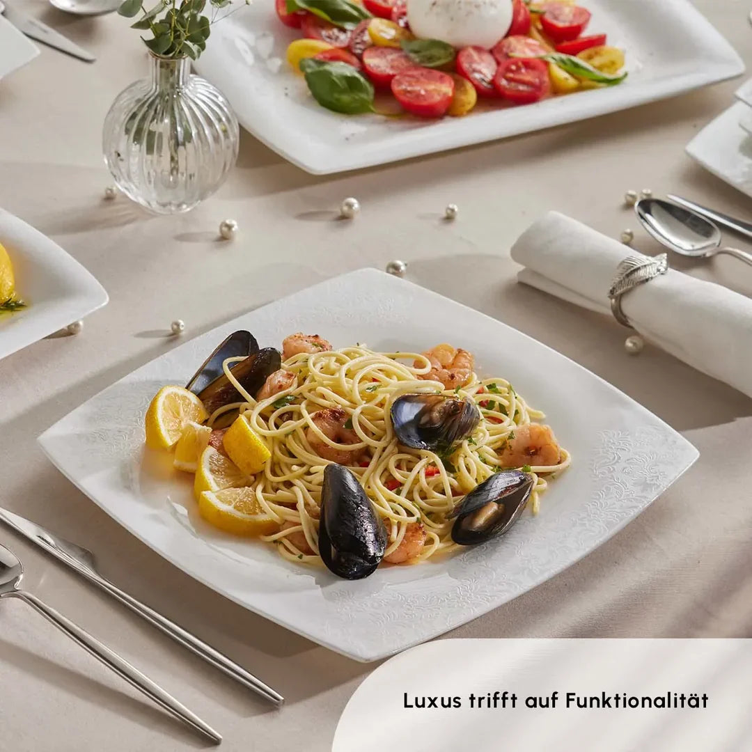 Karaca Fine Pearl Helen - Serviesset 58-delig – 12 Personen – Vierkant – Parelmoer Dinerservies – Luxe Wit Servies