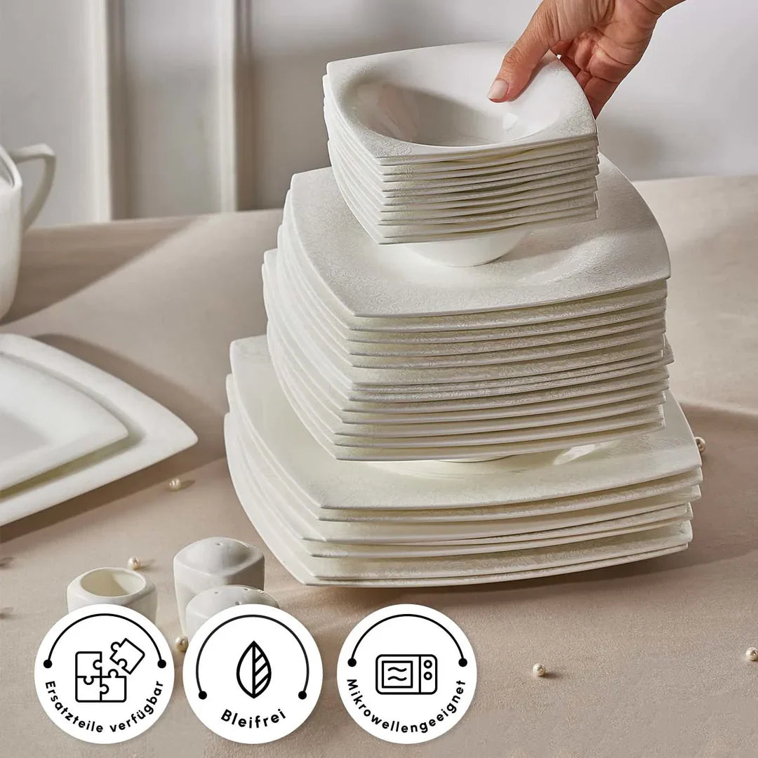 Karaca Fine Pearl Helen - Serviesset 58-delig – 12 Personen – Vierkant – Parelmoer Dinerservies – Luxe Wit Servies