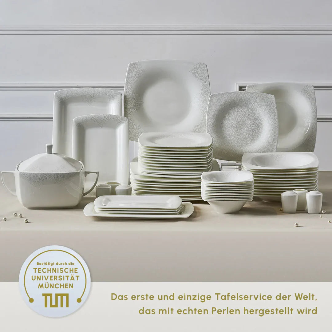 Karaca Fine Pearl Helen - Serviesset 58-delig – 12 Personen – Vierkant – Parelmoer Dinerservies – Luxe Wit Servies