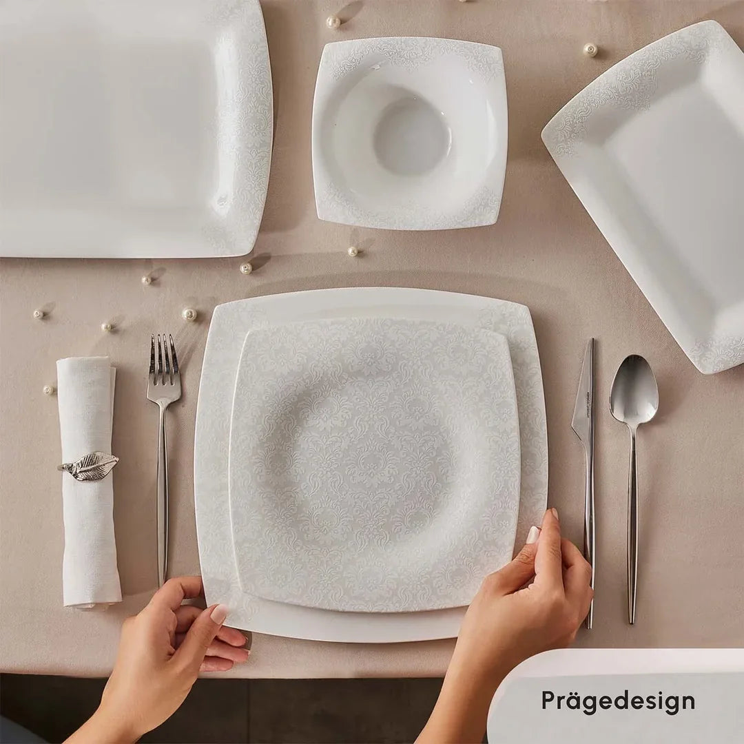 Karaca Fine Pearl Helen - Serviesset 58-delig – 12 Personen – Vierkant – Parelmoer Dinerservies – Luxe Wit Servies