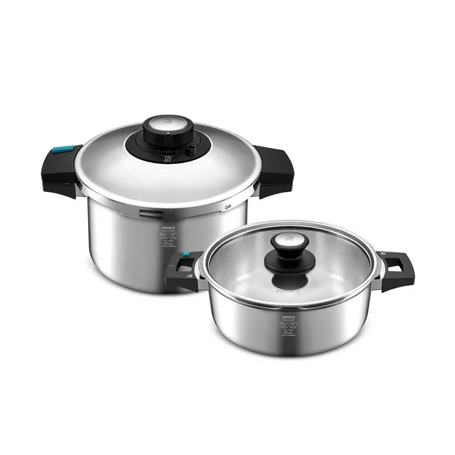 Karaca Quick and Safe Snelkookpannenset 4 + 6 Liter – RVS Snelkookpan Set met Veiligheidssysteem – Geschikt voor Inductie. Gas en Elektrisch – 2 Delige Pressure Cooker Set