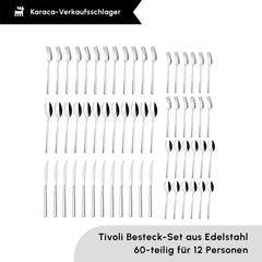Karaca Tivoli Bestekset 60-delig – 12 Personen – RVS Bestekset – Luxe Design – Vaatwasserbestendig – Zilver