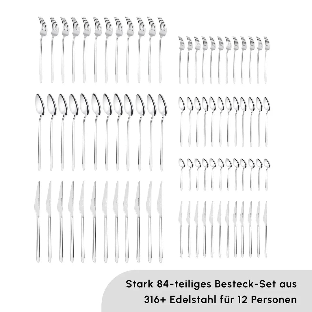 Karaca Stark 84-Delige 316+ Premium Bestekset voor 12 Personen – RVS – Luxe Vork Lepel Mes Set – Vaatwasserbestendig