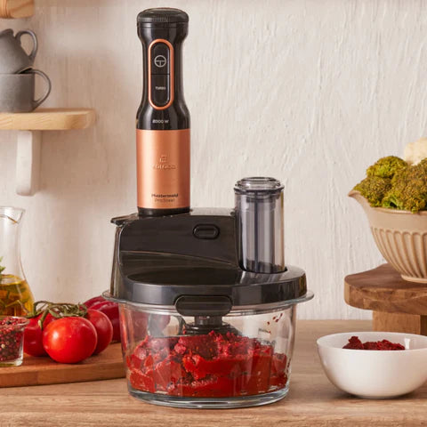 Karaca Mastermaid Prosteel - Keukenrobot 2500W – Glazen Hakmolen 1.5L – Staafmixer. Smoothiebeker. Garde. Rasp & Snijschijven – Zwart/Koper