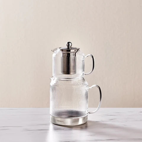 Karaca Kelly - Theepotset - Medium - Borosilicaat Glas & RVS - Inductie Geschikt - Zilver - Glazen Theepot