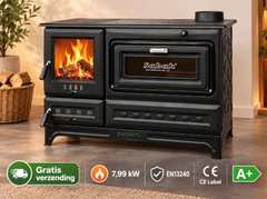 Poêle à bois en briques S12C avec vitre : poêle à bois et à charbon avec intérieur en briques et fonte - 7,99 kW, plaque de cuisson, crochet et raclette inclus