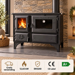 S105M Sabah Luxus-Kaminofen mit Backofen und Thermometer – Gusseisen – Mattschwarz – 12,65 kW – inkl. Ofenrohren, Backblech und Ofenrost