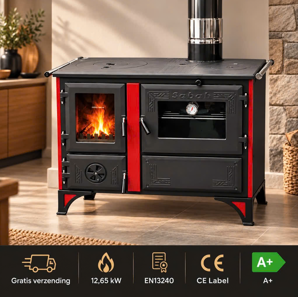 S105K Poêle à bois ouverte de luxe Sabah avec four et thermomètre – Fonte – Noir mat – 12,65 kW – Fournis avec conduits de cheminée, plaque de cuisson et gril de four