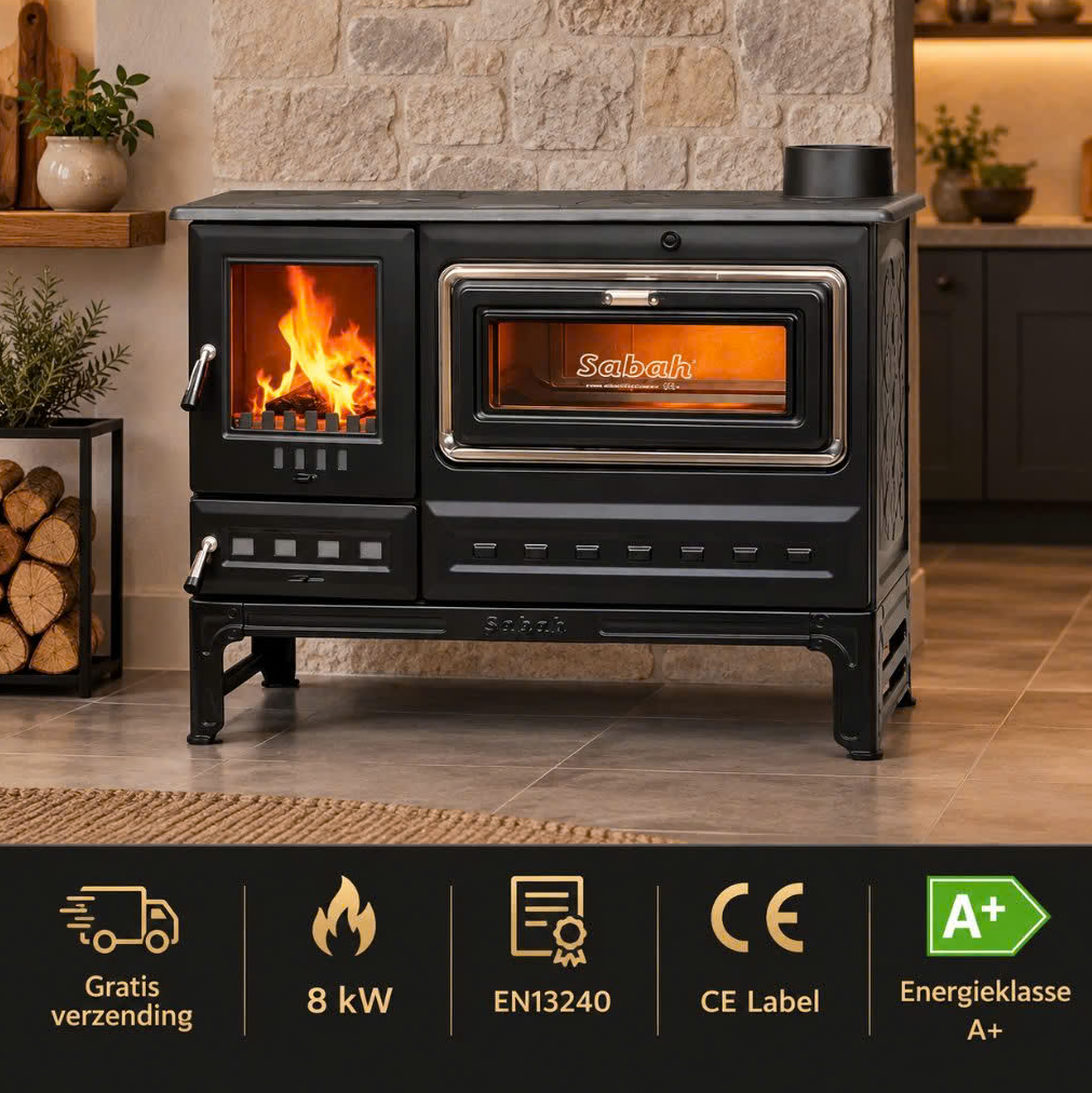 S12UC Cheminée Ouverte Sabah Avec Four (Sur Socle) – Poêles à Bois en Pierre Réfractaire – Poêle Cheminée en Fonte – Noir Mat – 7,99 KW – Crochet et Raclette Inclus