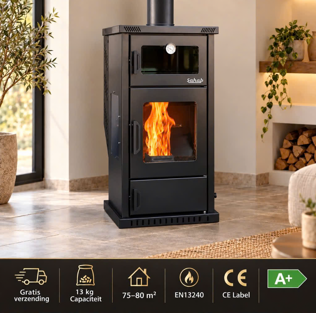 PLT02 Poêle à granulés Sabah avec four – Chauffage efficace & fonction de cuisson, capacité de 13 kg, 75-80 m², noir mat - Inclus : grattoir, crochet et plaque de cuisson