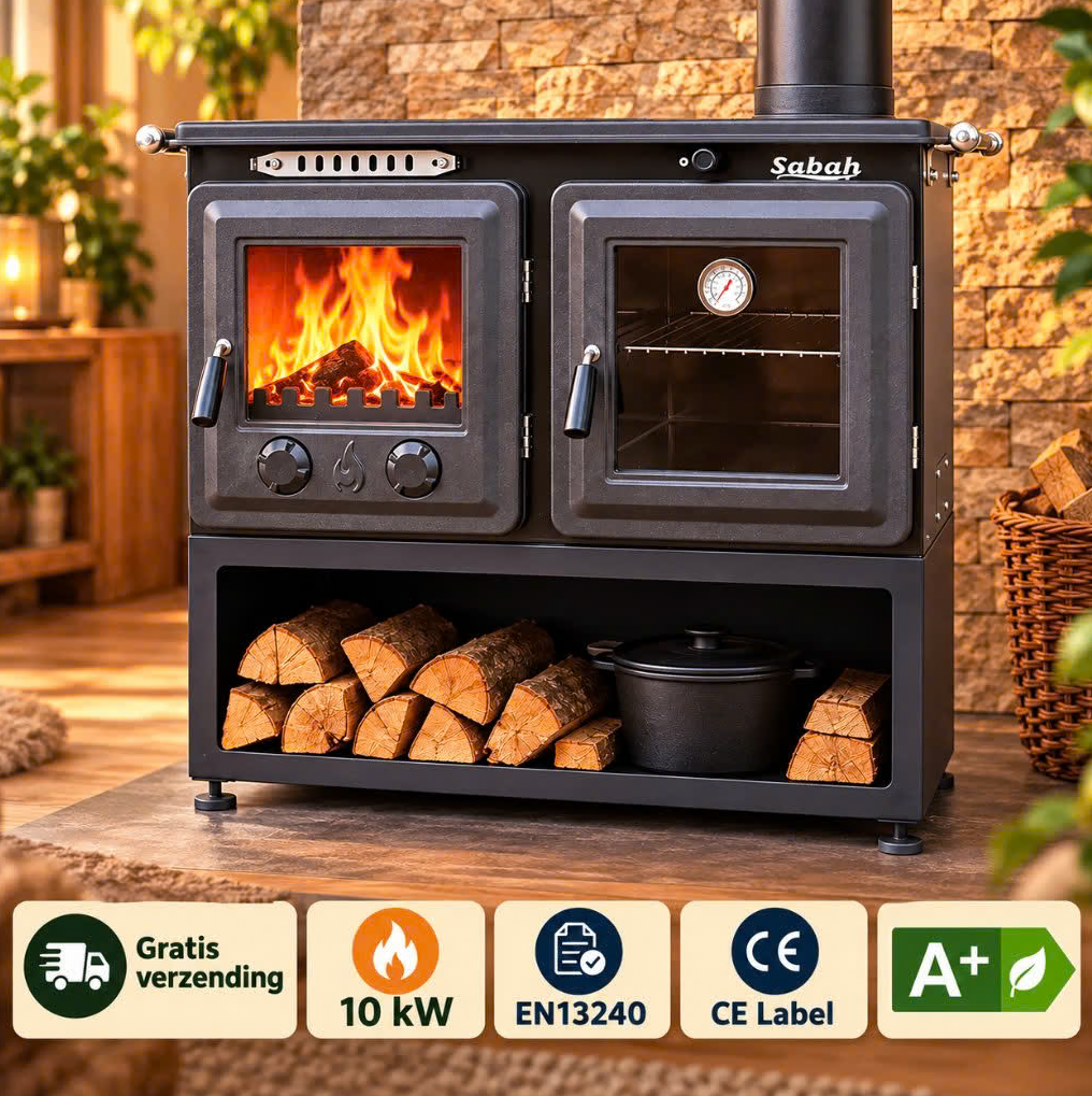 S108 Sabah Luxus-Kaminofen + Ofen mit Thermometer – Gusseisen – Holzöfen- Kamine -Mattschwarz – 10 kW- Außen-Stahlkamin – Inklusive Ofengrill, Haken und Schaber