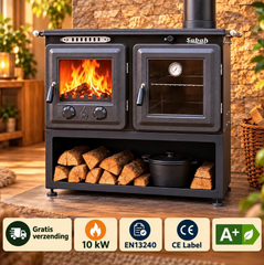 S108 Sabah Luxus-Kaminofen + Ofen mit Thermometer – Gusseisen – Holzöfen- Kamine -Mattschwarz – 10 kW- Außen-Stahlkamin – Inklusive Ofengrill, Haken und Schaber