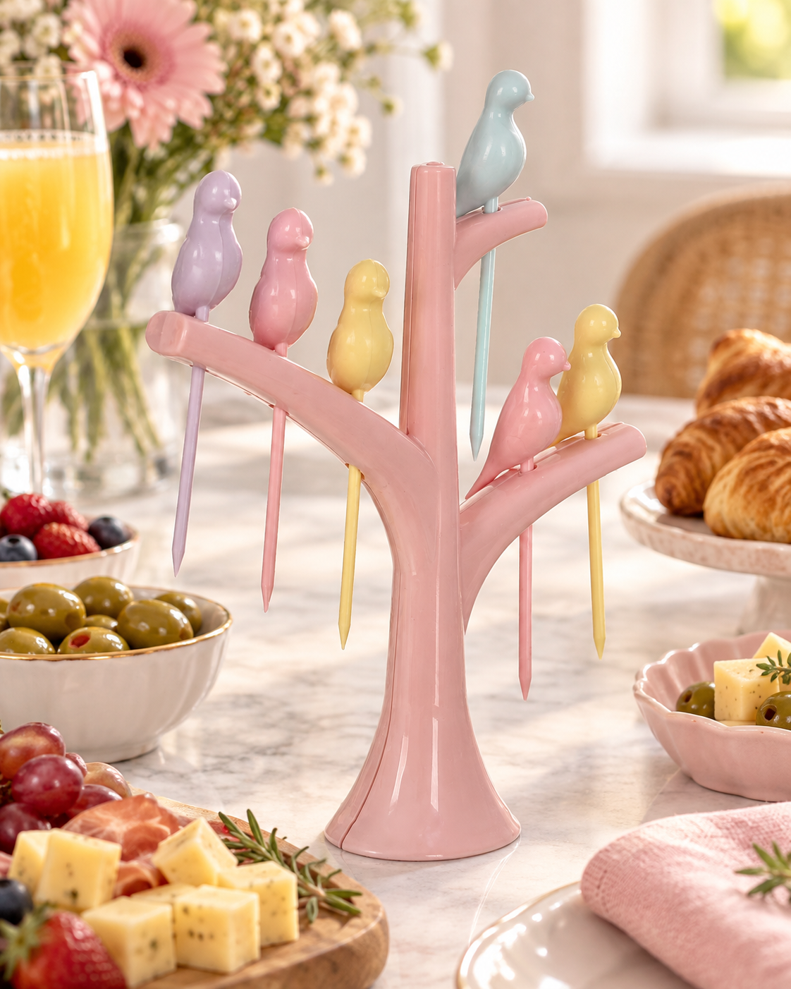 Suncook - Cocktailprikkers met Vogelhouder – 6 Stuks – Roze/Pastel