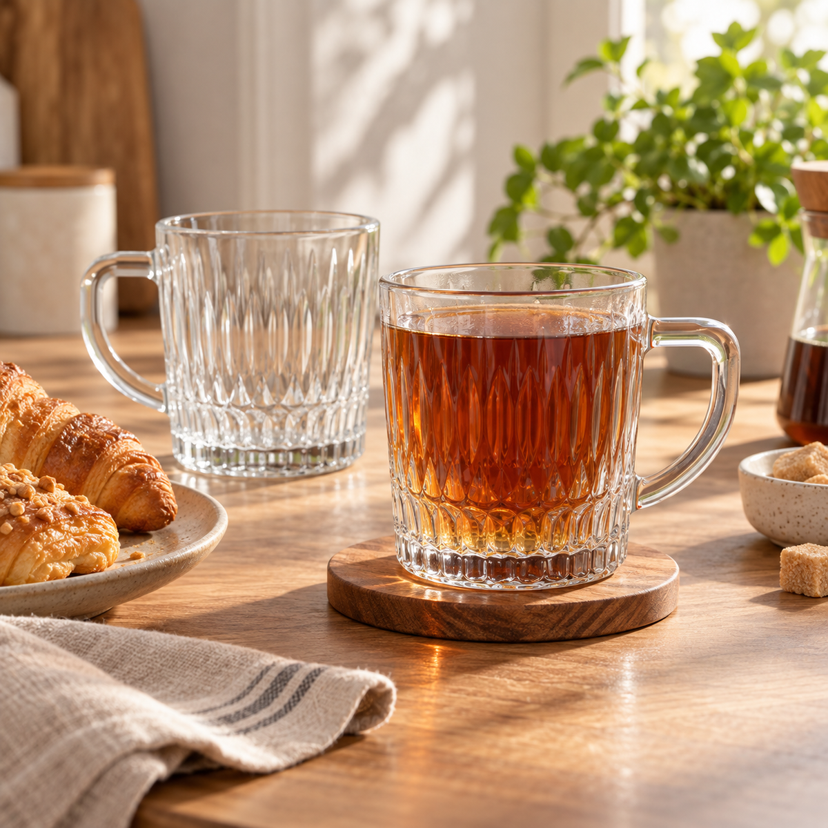 Pasabahce Rain - Theeglazen met Oor - 300 ml – Set van 2 – Theeglazen met Oor – Reliëfglas