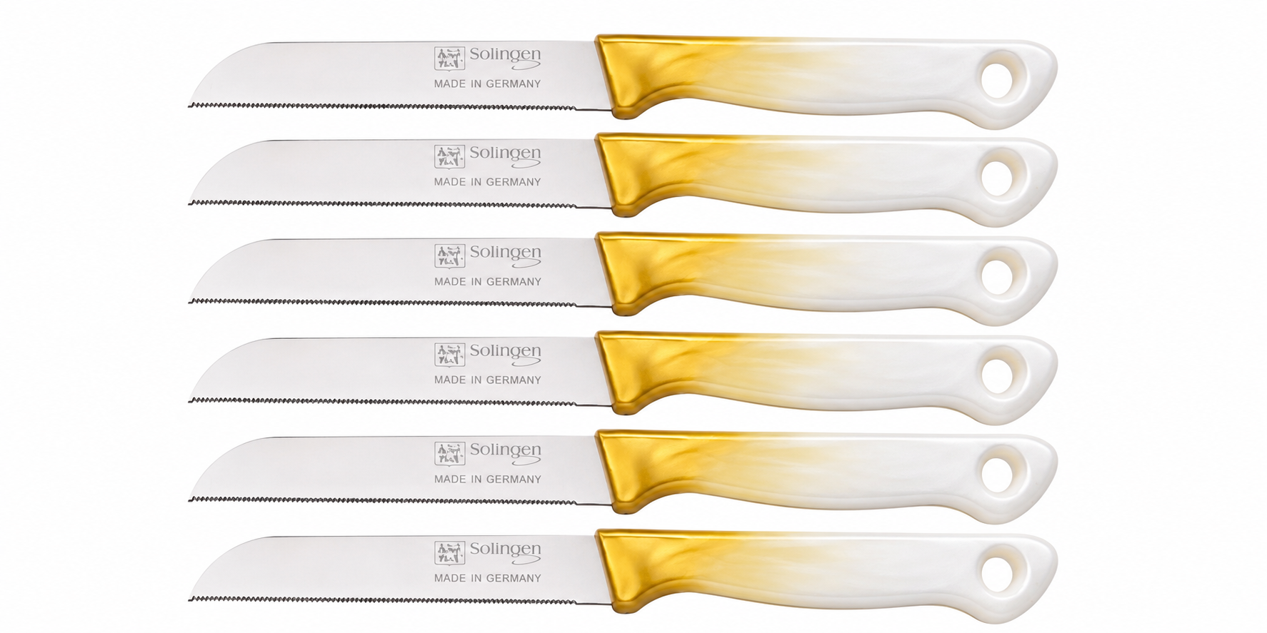 Solingen - Gekartelde Schilmesjes -Goud/Wit – RVS Groentemessen – Made in Germany - Set van 6