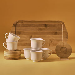 Karaca Koffiekopjes Set 6 Personen – 90 ml – Met Bamboe Dienblad – Porselein – Koffieset Compleet