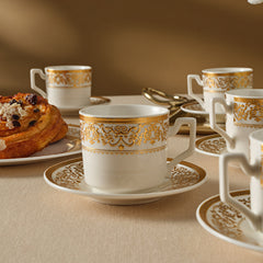 Karaca Nur - Kaffeetassen-Set - 6 Personen - 12-teilig - Porzellan - 100 ml - Inklusive Untertassen - Türkisches Kaffeegeschirr Weiß/Gold