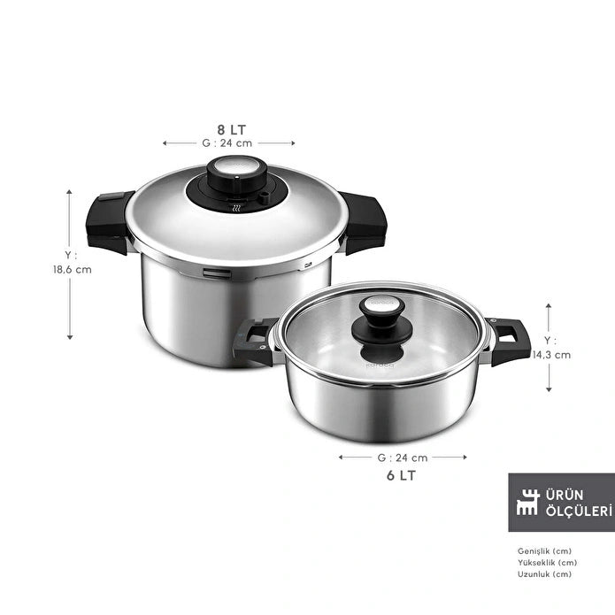 Karaca Quick & Safe - Snelkookpannenset - 2-delig - 6L + 8L - RVS - Inductie Geschikt - Drukkookpannenset