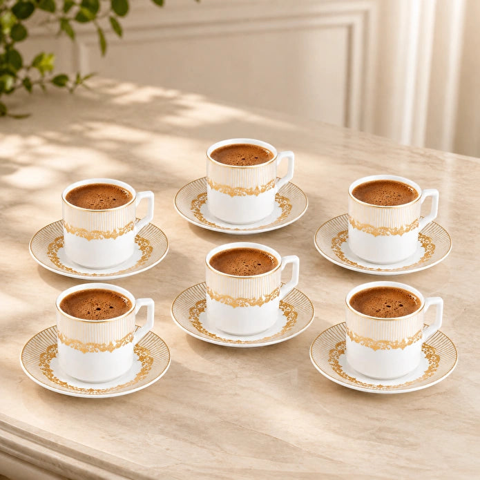 Karaca Vildan - Koffiekopjesset - 6 Personen - 12-delig - Porselein - 100 ml - Inclusief Schotels - Turks Koffieservies