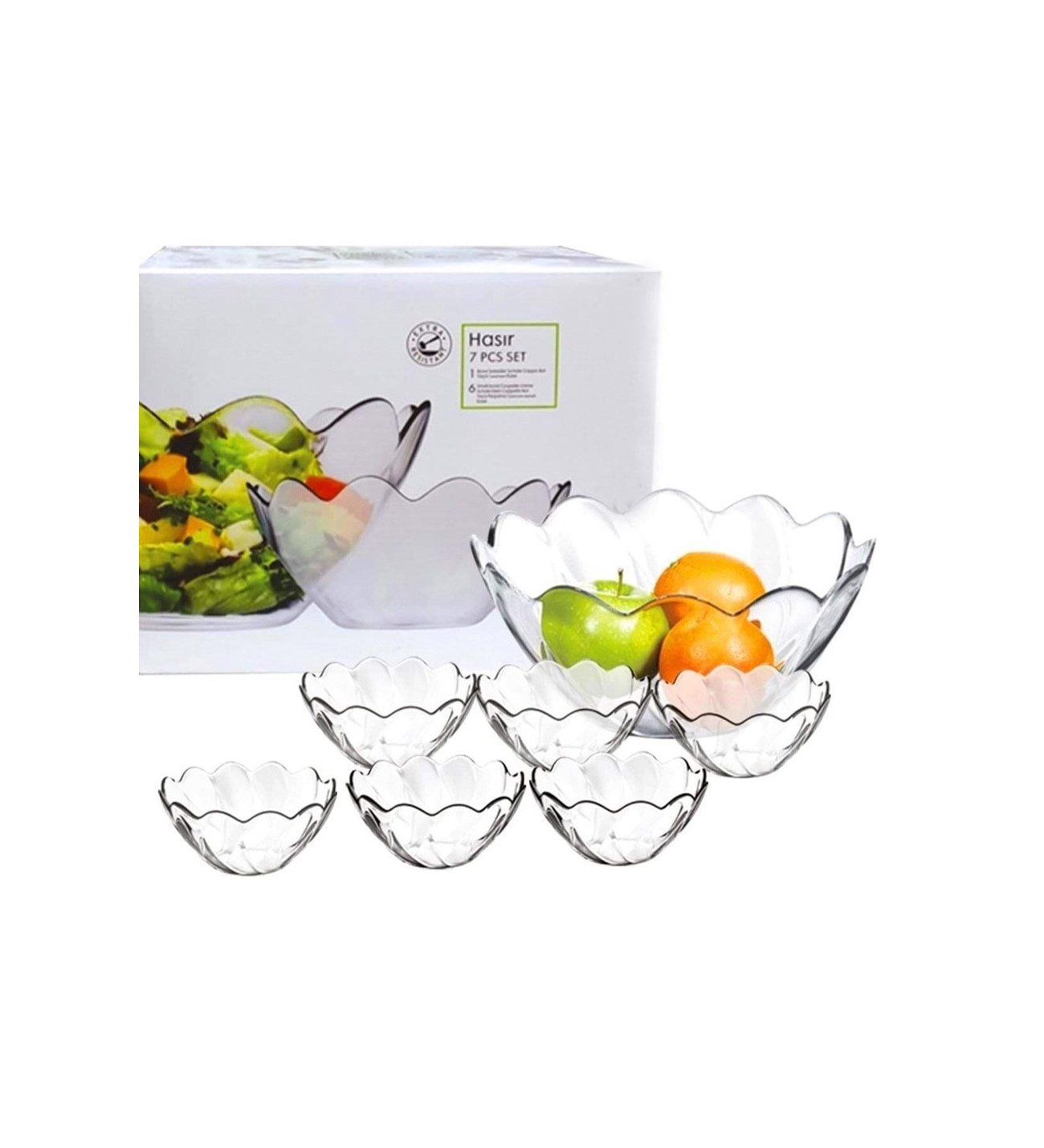 Pasabahce Hasir - Glazen Schaalset – 7-delig – 1 Grote Serveerschaal 24 cm + 6 Kleine Schaaltjes 13 cm – Transparant