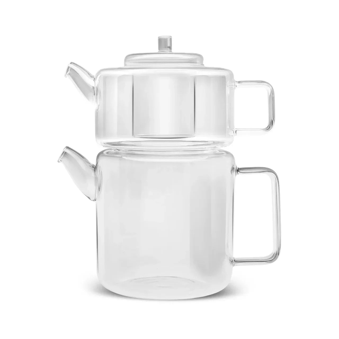 Karaca Flat Borosilicaat Glazen Theepot Set - 1,1L Boven - 1,8L Onderpot - Modern en Hittebestendig Ontwerp
