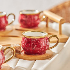 Karaca Bambu - Rode koffiekopjesset - 6 Persoons met Bamboe Dienblad - 90 ml