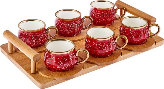 Karaca Bambu - Rode koffiekopjesset - 6 Persoons met Bamboe Dienblad - 90 ml