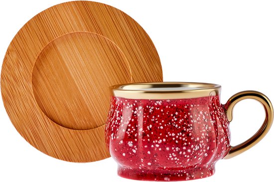 Karaca Bambu - Rode koffiekopjesset - 6 Persoons met Bamboe Dienblad - 90 ml