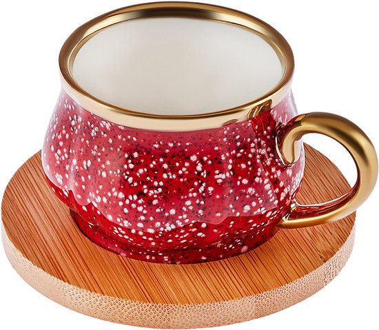 Karaca Bambu - Rode koffiekopjesset - 6 Persoons met Bamboe Dienblad - 90 ml