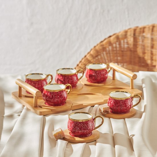 Karaca Bambu - Rode koffiekopjesset - 6 Persoons met Bamboe Dienblad - 90 ml