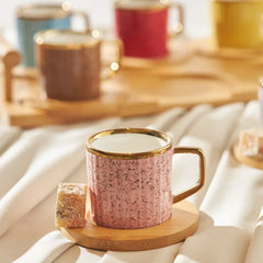 Karaca Bambu - Gekleurde Koffiekopjes Set voor 6 Personen - Elegante 90 ml Koffiekopjes met Dienblad
