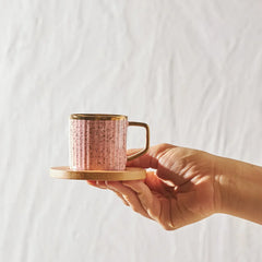 Karaca Bambu - Gekleurde Koffiekopjes Set voor 6 Personen - Elegante 90 ml Koffiekopjes met Dienblad