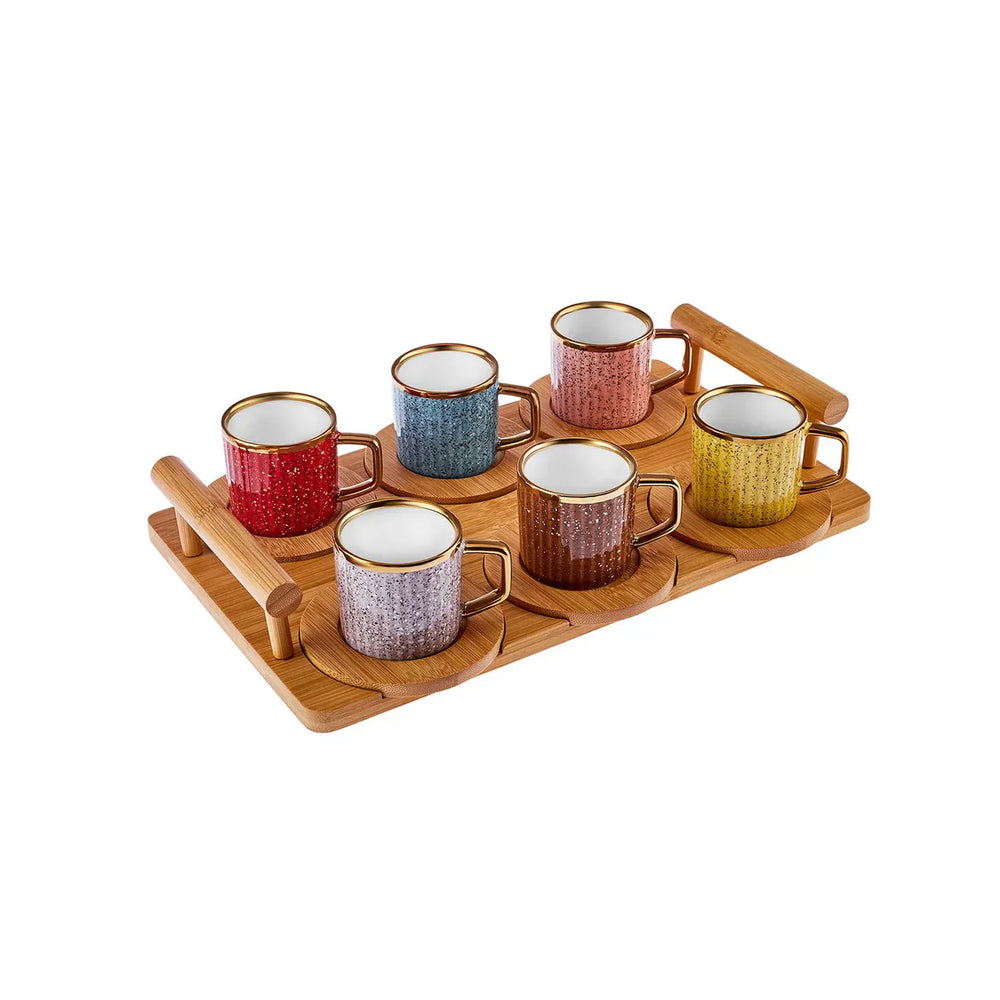 Karaca Bambu - Gekleurde Koffiekopjes Set voor 6 Personen - Elegante 90 ml Koffiekopjes met Dienblad