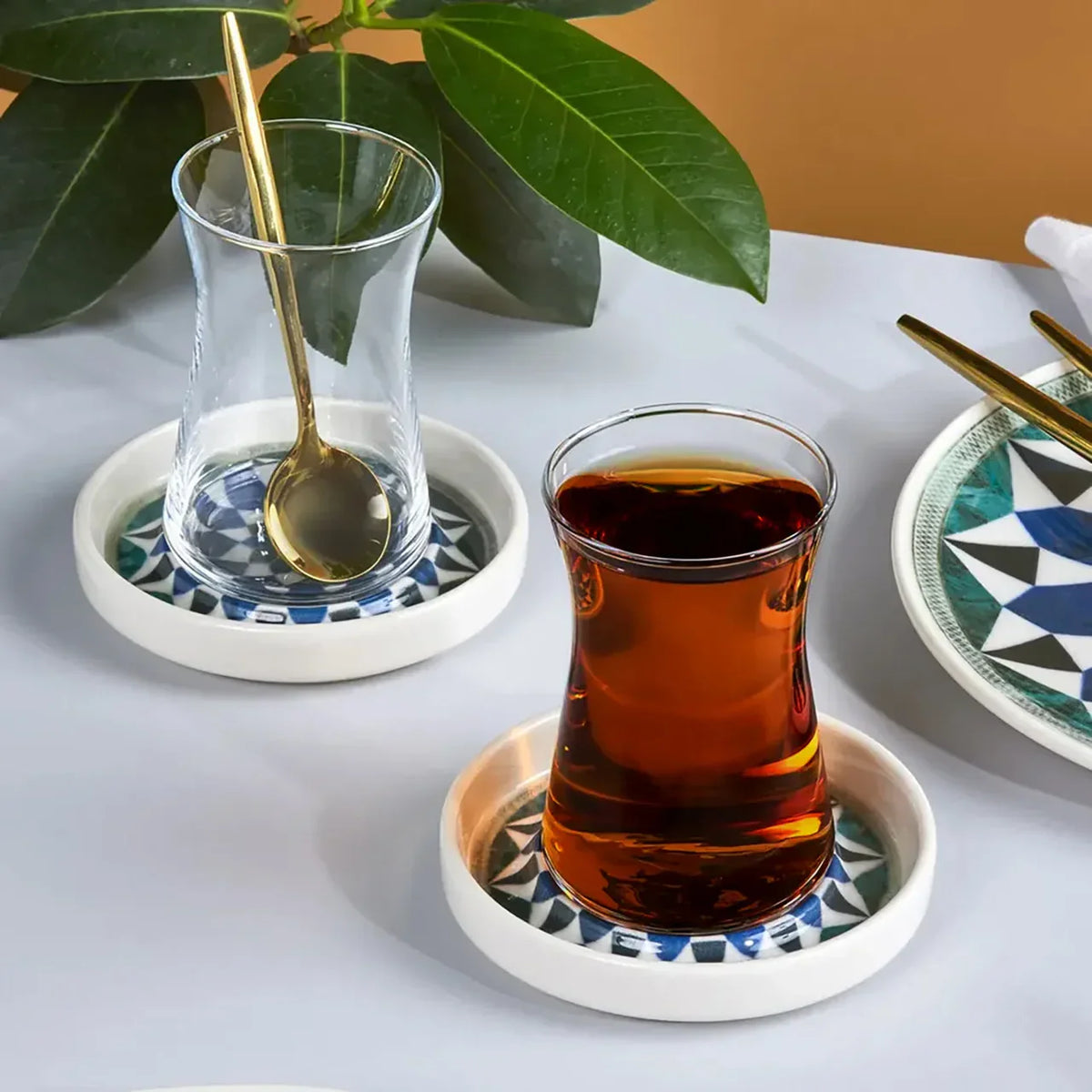 Karaca Roman - Turkse Theeglazen Set - Seramik Onderzetters - Set van 6 - 12-Delig