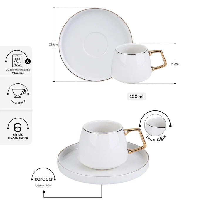 Karaca Saturn - New bone - Gold Koffiekopjes met Onderzetters - 90 ml - Set van 6 - 12-Delig