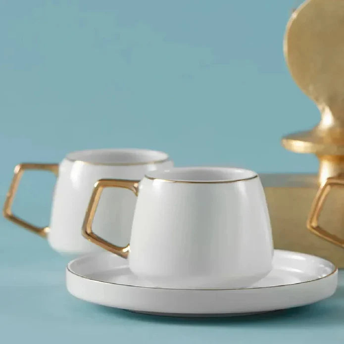Karaca Saturn - New bone - Gold Koffiekopjes met Onderzetters - 90 ml - Set van 6 - 12-Delig