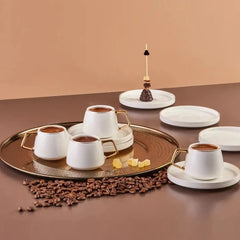 Karaca Saturn - New bone - Gold Koffiekopjes met Onderzetters - 90 ml - Set van 6 - 12-Delig
