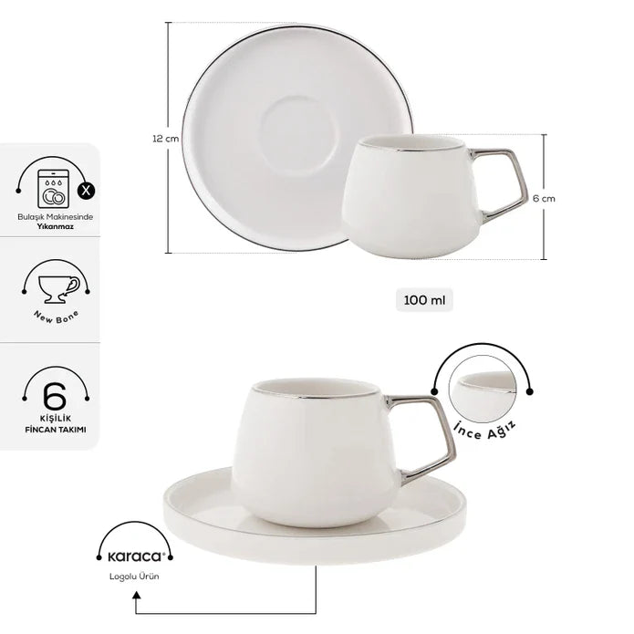Karaca Saturn - Platinum Porseleinen Koffiekopjes Set met Onderzetters - Set van 6 - 12-Delig - 100 ml