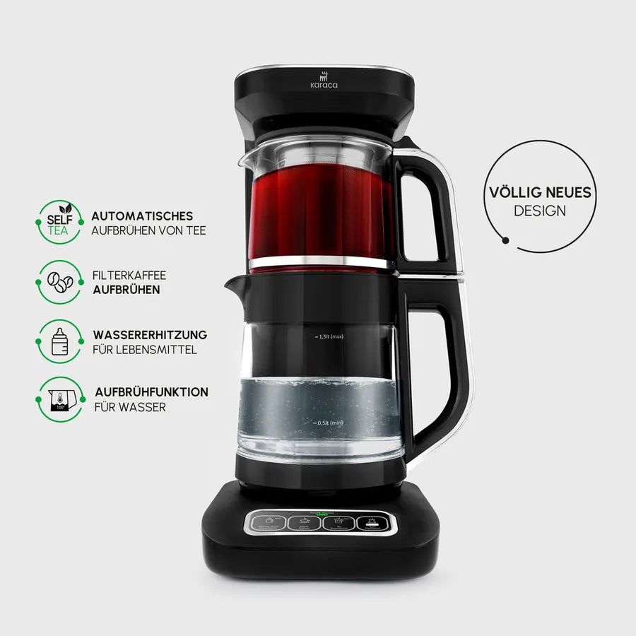 Karaca Çaysever Robotea Pro - 4 in 1 Sprekend Automatisch Theezetapparaat met Glas, Waterverwarmer en Filter Koffiezetapparaat 2500W Zwart Chroom - Engelse Versie
