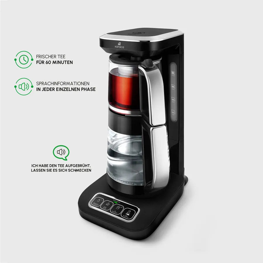 Karaca Çaysever Robotea Pro - 4 in 1 Sprekend Automatisch Theezetapparaat met Glas, Waterverwarmer en Filter Koffiezetapparaat 2500W Zwart Chroom - Engelse Versie