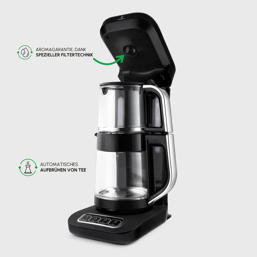 Karaca Çaysever Robotea Pro - 4 in 1 Sprekend Automatisch Theezetapparaat met Glas, Waterverwarmer en Filter Koffiezetapparaat 2500W Zwart Chroom - Engelse Versie