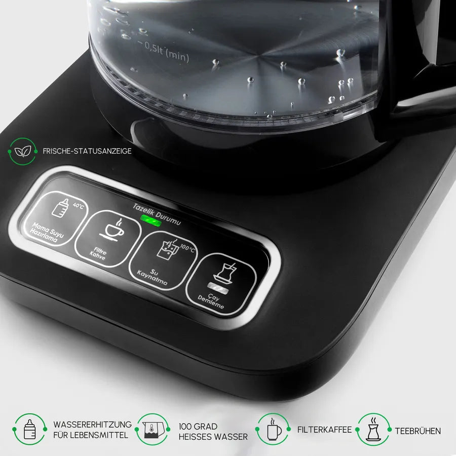 Karaca Çaysever Robotea Pro - 4 in 1 Sprekend Automatisch Theezetapparaat met Glas, Waterverwarmer en Filter Koffiezetapparaat 2500W Zwart Chroom - Engelse Versie
