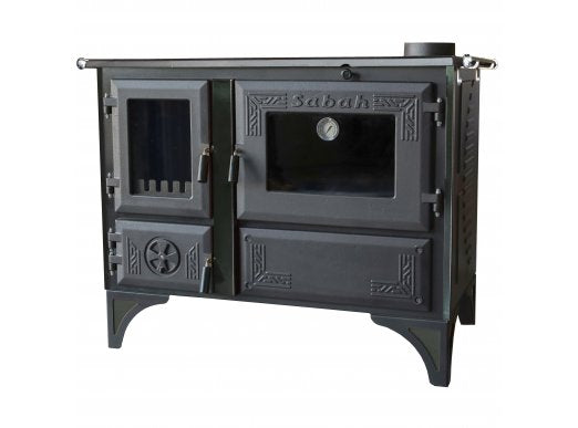 S105M Sabah Luxe Open Haard Kachel + Oven Met Thermometer - Gietijzer – Houtkachels- Houthaarden -Mat Zwart – 12,65 KW- Buiten Stalen Open Haard – Inclusief Kachelpijpen ,Bakplaat, Ovengrill, Haak en Schraper